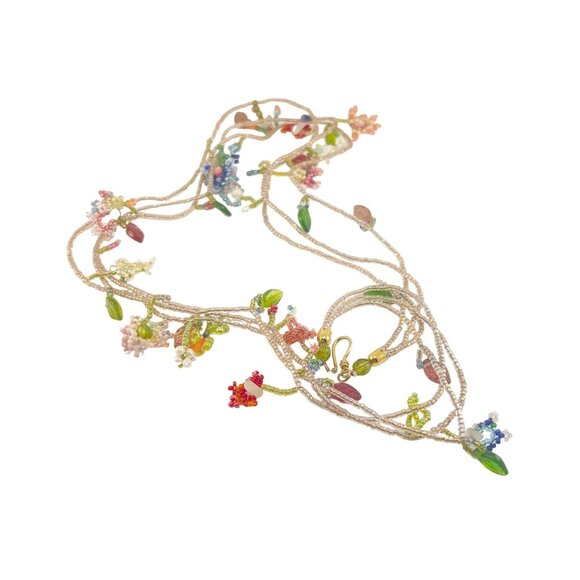 Handcrafted Multi-Color Beaded Floral Three Strand Necklace With Delicate Chain - Picture 4 of 9